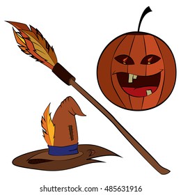 Vector illustration collection cartoon pumpkin, broom, hat. Halloween vector illustration.