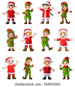 Vector illustration of Collection of cartoon santa claus kids and elves in different poses