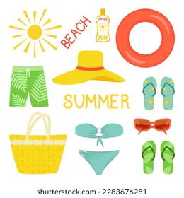 Vector illustration. Collection of Cartoon summer elements. Beach, summer accessory.