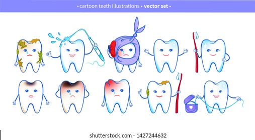 Vector illustration collection of cartoon tooth characters isolated on white background. Teeth care, toothache and hygiene concepts.