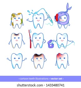 Vector illustration collection of cartoon tooth characters isolated on white background. Teeth care, toothache and hygiene concepts.