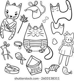 Vector illustration. Collection cats with items for cats in doodle style. 