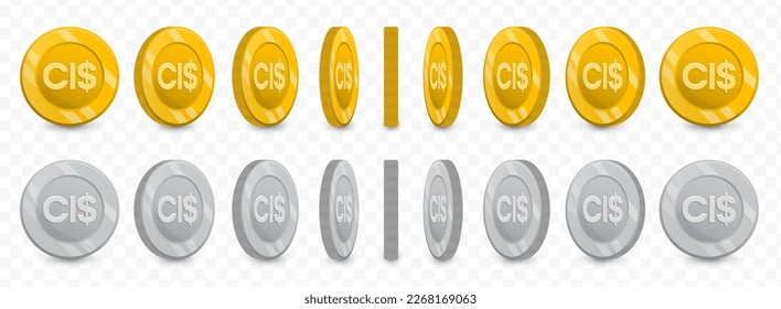 Vector illustration of a collection of Cayman Islands Dollar currency coins in gold colors and grayscale isolated on transparent background (PNG).