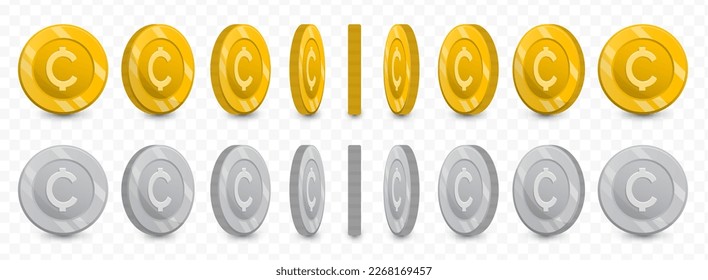 Vector illustration of a collection of Cent Centavo currency coins in gold colors and grayscale isolated on transparent background (PNG).