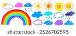 Vector illustration collection of childlike drawings of sun, rainbow and clouds