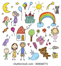 Vector Illustration of a Collection of Children Drawings 