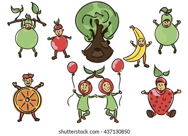 Vector illustration, collection of children in fruit costumes. Children's costumes, fruit, smile , tree , garden. Characters label