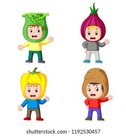 vector illustration of the collection of the children using the fresh vegetables costume with the different variant