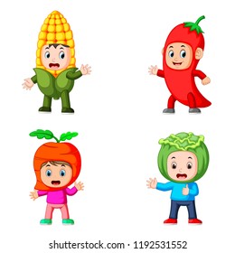vector illustration of the collection of the children using the vegetables costume with different variant