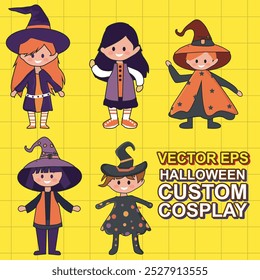 Ilustración vectorial de una colección de niños con lindos disfraces de Halloween con sombreros y ropa de miedo. Estoy celebrando Halloween con amigos