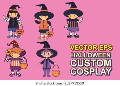 Ilustración vectorial de una colección de niños con lindos disfraces de Halloween con sombreros y ropa de miedo. Estoy celebrando Halloween con amigos