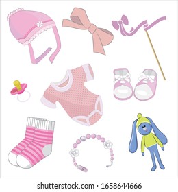 
Vector illustration of a collection of children's and children's clothes. Baby booties, socks, baby body, Toy Bunny