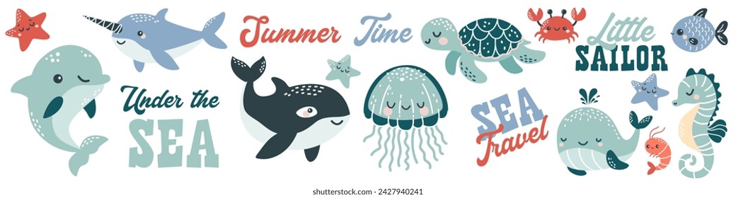 Vector illustration collection in children's Scandinavian style. Orca dolphin dolphin crab jellyfish octopus fish turtle shark seahorse shrimp swordfish