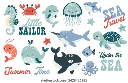 Vector illustration collection in children's Scandinavian style. Orca dolphin dolphin crab jellyfish octopus fish turtle shark seahorse shrimp swordfish