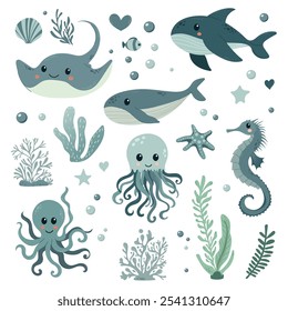 Vector illustration collection in children's Scandinavian style. Orca dolphin dolphin crab jellyfish octopus fish turtle shark seahorse shrimp swordfish