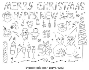 Vector illustration of collection of christmas elements for greeting card design. Hand drawn illustration in doodle style. Line art. For web greeting card and another print design.