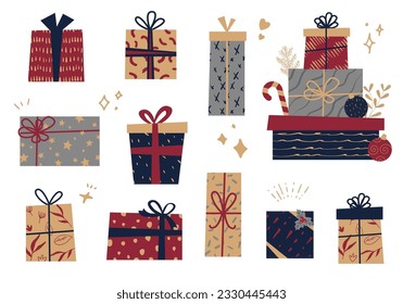 Vector illustration collection of Christmas gift boxes.