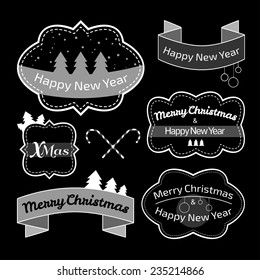 vector illustration. Collection of Christmas labels on a black background. Black and white