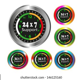 Vector Illustration - Collection of clocks, represents 24/7 support of voice, on-call or technical support and can be used for sales, transportation, healthcare, Information technology, BPO business