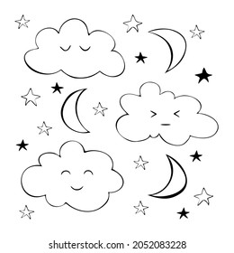 Ilustración vectorial de una colección de nubes. Iconos para imprimir o aplicaciones web. Nubes, estrellas y luna sobre un fondo transparente