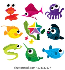 A vector illustration collection of colorful cute underwater creatures.