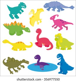 Vector illustration. Collection of colorful cute dinosaurs, different types and eras.