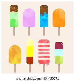 Vector illustration with collection of colorful popsicles in retro style. Different tastes and pastel colors with watercolor texture on worn out paper background.