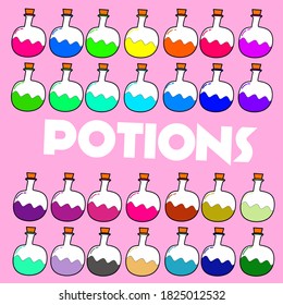 vector illustration of a collection of colorful potions and the words "POTIONS" can be used as icons.
