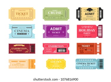 Vector illustration collection of colorful tickets with place for text. Tickets to cinema, theatre and circus in retro design, flat cartoon style.