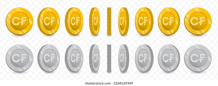 Vector illustration of a collection of Comoran franc currency coins in gold colors and grayscale isolated on transparent background (PNG).