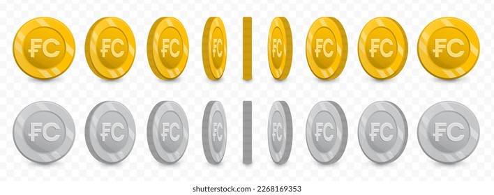 Vector illustration of a collection of Congo franc currency coins in gold colors and grayscale isolated on transparent background (PNG).