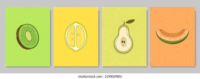 Vector illustration. Collection of contemporary art backgrounds. Hand drawn kiwi, lemon, pear, melon. Line and shape drawing. Flat cartoon style.  Design for poster, book cover, magazine, brochure