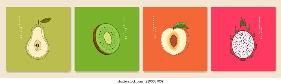 Vector illustration. Collection of contemporary art backgrounds. Hand drawn pear, kiwi, peach, dragon fruit. Line and shape drawing. Flat cartoon style. Design for social media template, banner