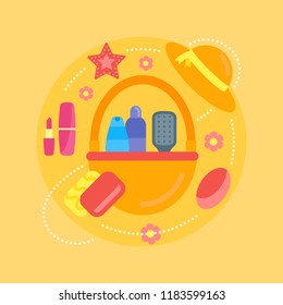 Vector illustration of the Collection cosmetics, objects for hygiene, and glamour accessories for massage, relaxation, and spa. Set of objects on a yellow background in a flat style.