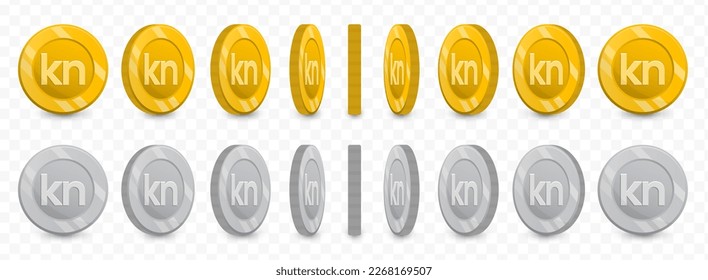 Vector illustration of a collection of Croatian kuna currency coins in gold colors and grayscale isolated on transparent background (PNG).