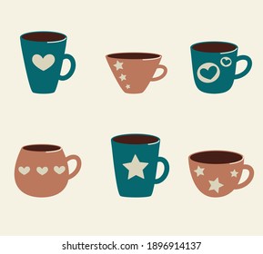 vector illustration collection of cups with stars and hearts
