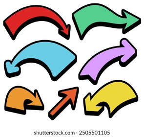 Vector illustration of a collection of curved arrows in vibrant colors and various directions with bold black outlines.