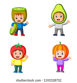 vector illustration of the collection of the cute boys using the cute fruits costume with different colour