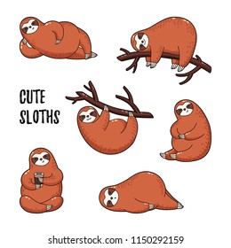 Vector illustration. Collection of cute cartoon sloths