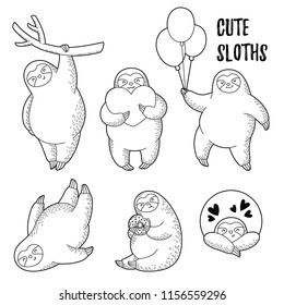 Vector illustration. Collection of cute cartoon sloths