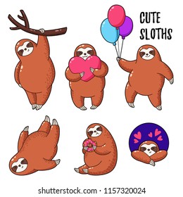 Vector illustration. Collection of cute cartoon sloths