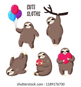 Vector illustration. Collection of cute cartoon sloths