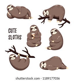 Vector illustration. Collection of cute cartoon sloths