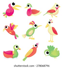 A vector illustration collection of cute cartoon birds in different species.