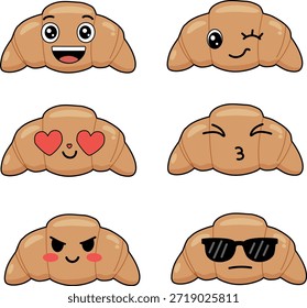 Ilustración vectorial de una colección de lindos personajes de croissant. El conjunto incluye varias expresiones faciales: feliz, guiñando un ojo, enamorado, besándose, enojado, fresco. Perfecto para la marca de panadería, pegatinas y café
