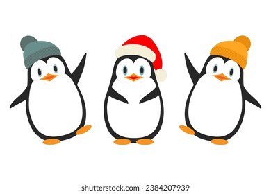 Vector illustration. Collection of cute little penguins in hats, isolated on white. Winter animal clipart in flat style.