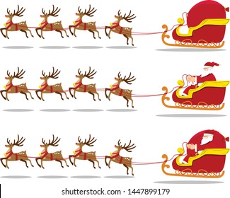vector illustration collection of cute reindeer are dragging. Santa on Sleigh to give gifts to children.