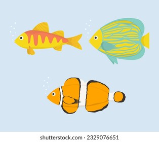 Vector illustration. Collection of cute sea fish in cartoon style. Icon.