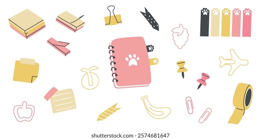 Vector illustration of a collection of cute stationery and accessories in pastel colors, notepads, stickers, paper clips and decorative stationery, suitable for planners, school themes