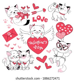 Vector illustration collection with cute valentine cats with hearts. Valentines Day card with cartoon animals